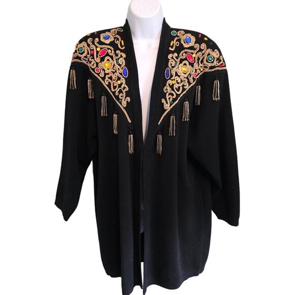 Vintage Diane Freis Jeweled Tasseled Embroidered Black Wool Cardigan Size L/XL - Picture 2 of 10